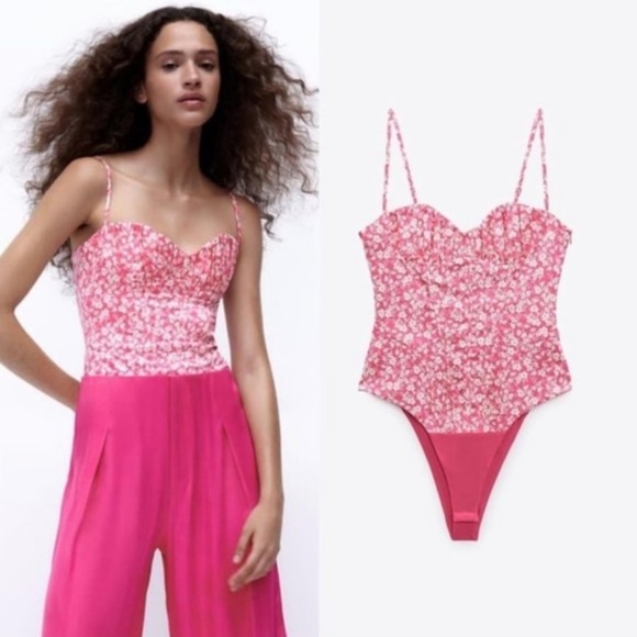 NEW! ZARA Barbie Pink Floral Print Corset Style Bodysuit XS - Picture 1 of 13
